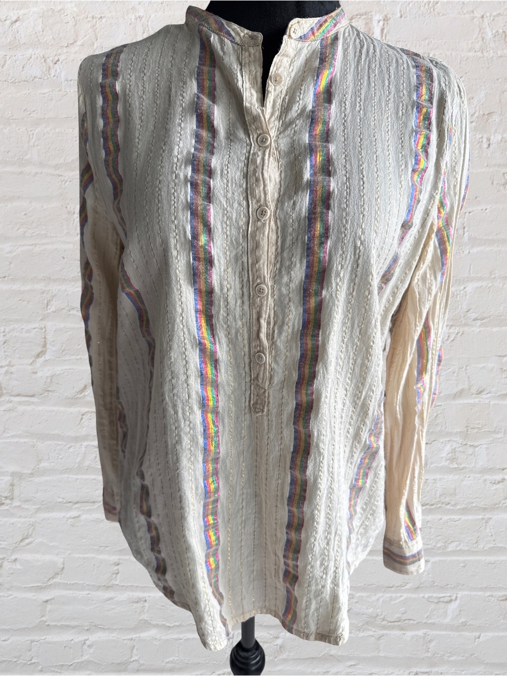 Zadig & Voltaire Cream Top with Multicolor Stripe Trim
